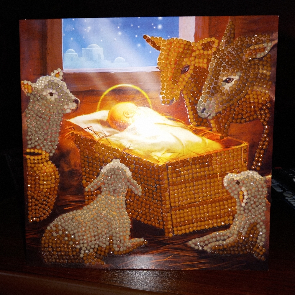Completed Crystal Art Christmas Card - Manger Scene